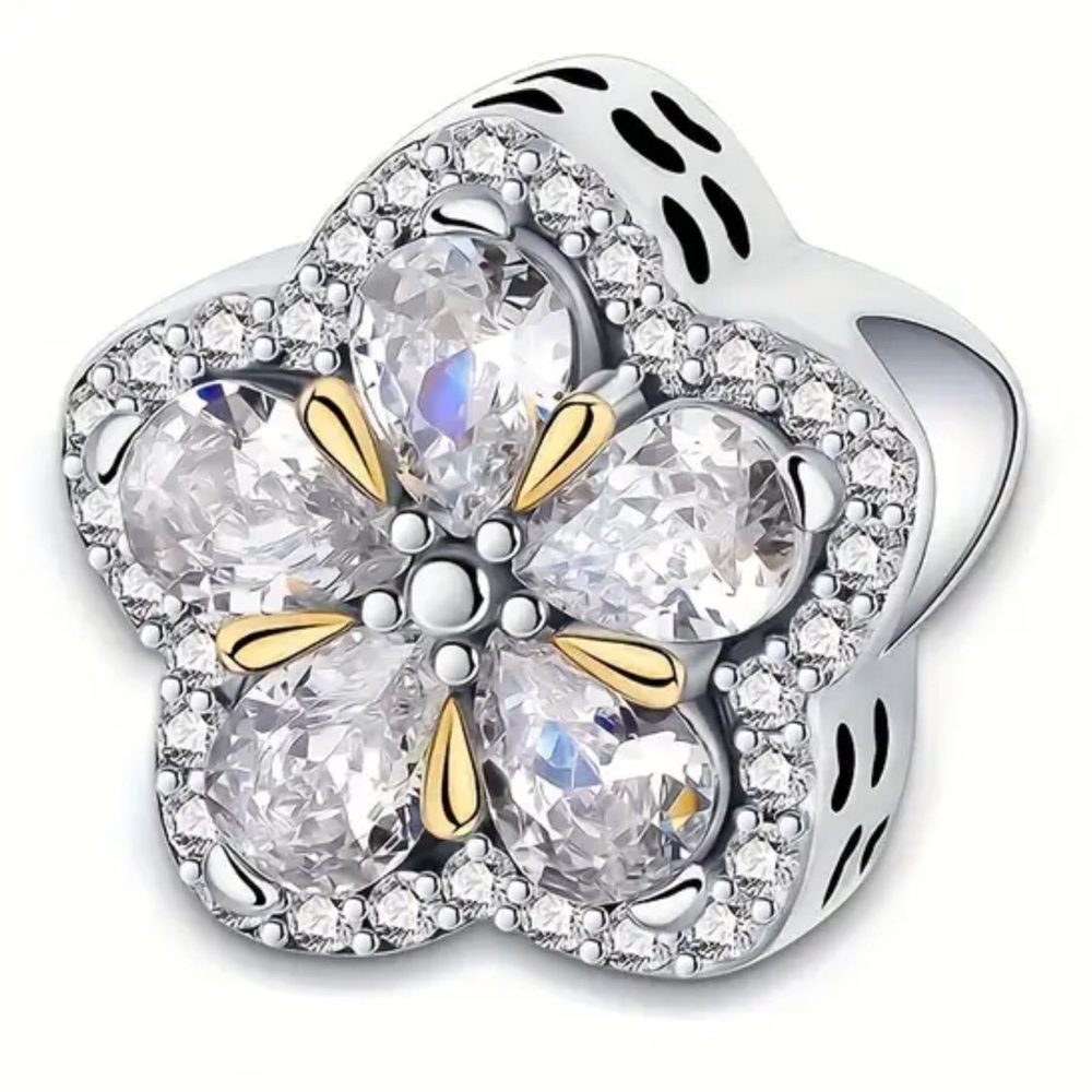 S925 Silver Gold Sparkling Flower Charm Pandora Style